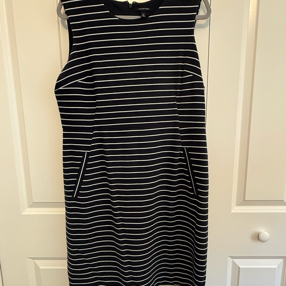 Lands' End White and Blue Sleeveless Sheath Dress